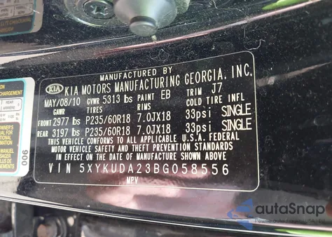 2011 Kia Sorento Ex V6 из США, поврежденный, VIN 5XYKUDA23BG058556